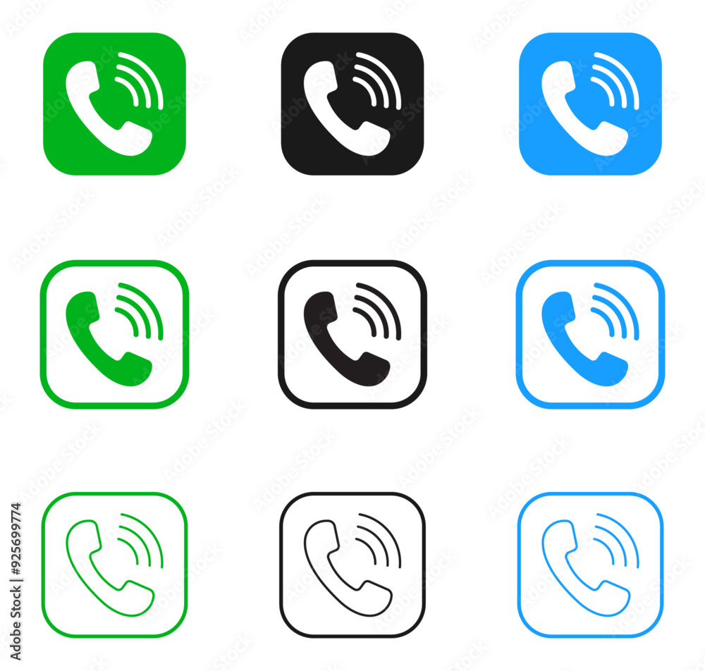 Vector calling icon set in squire with fill and line. phone icon, call ...