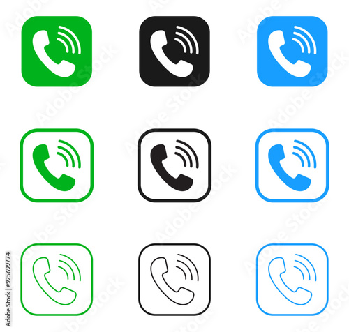 Vector calling icon set in squire with fill and line. phone icon, call icon, phone, call, calling, calling icon