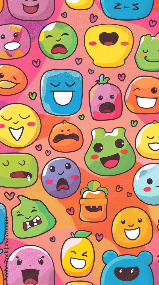 Fototapeta premium emoticons emojis cartoon faces colorful expressions cute smiley faces kawaii artwork seamless pattern children\'s design funny faces vibrant playful happy faces 