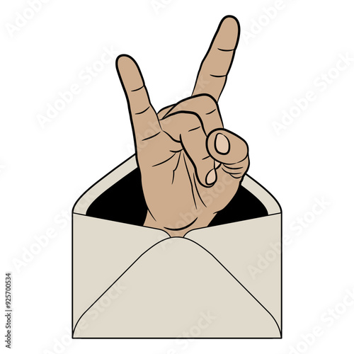 Human male hand in apotropaic horn gesture inside paper envelope. Cartoon style. Isolated vector illustration. photo