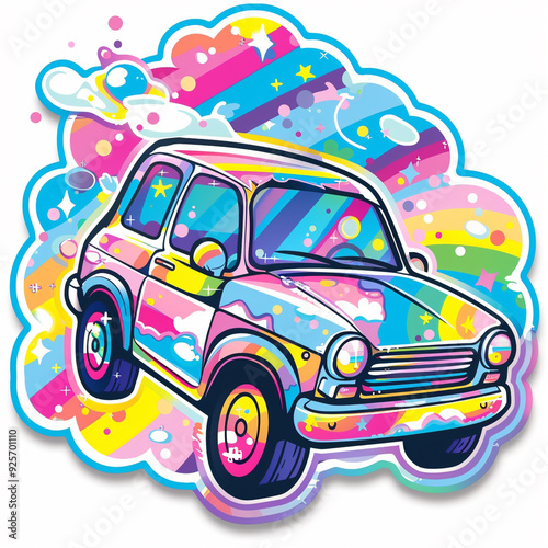 car colorful retro art psychedelic illustration pop art vibrant vintage funky cartoon graphic abstract old car clouds stripes stars design vehicle pattern sticker 