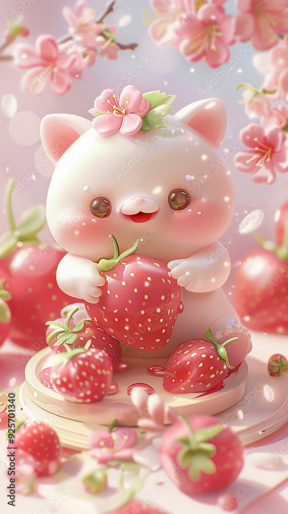 cat strawberry cute kawaii figurine pink flowers adorable dessert doll toy imaginative background cherry blossoms charming decoration pastel colors cat strawberry cute kawaii figurine pink flowers adorable dessert doll toy imaginative background cherry blossoms charming decoration pastel colors