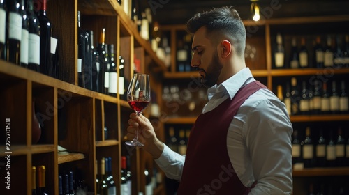 Sommelier's Art - A Male Cavist Assessing the Tint and Aroma of Wine from the Shelves. photo