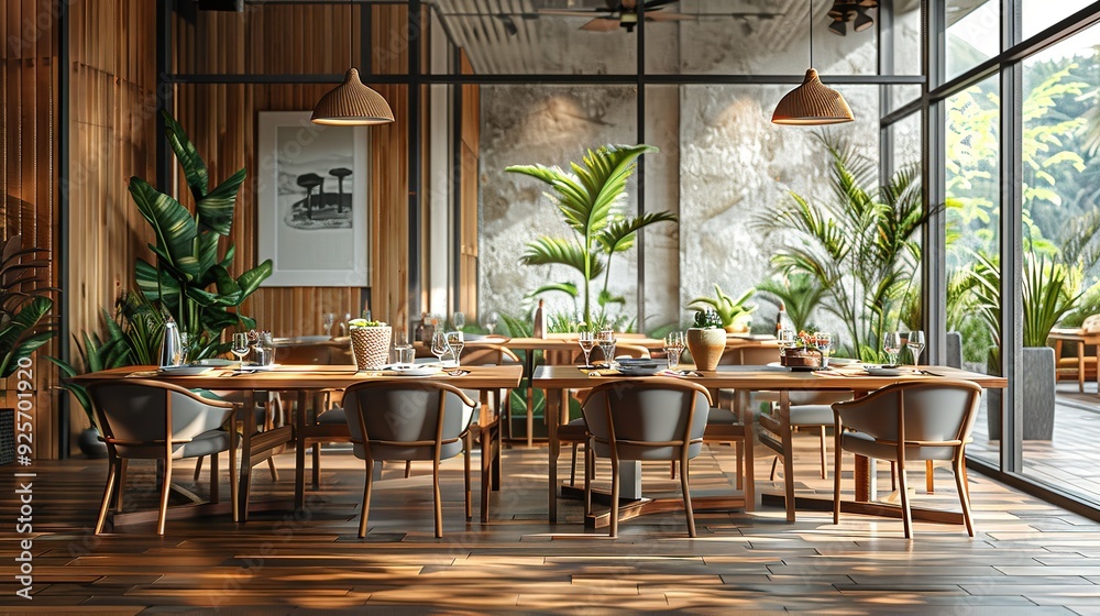Fototapeta premium Modern dining room with green walls and wooden furniture