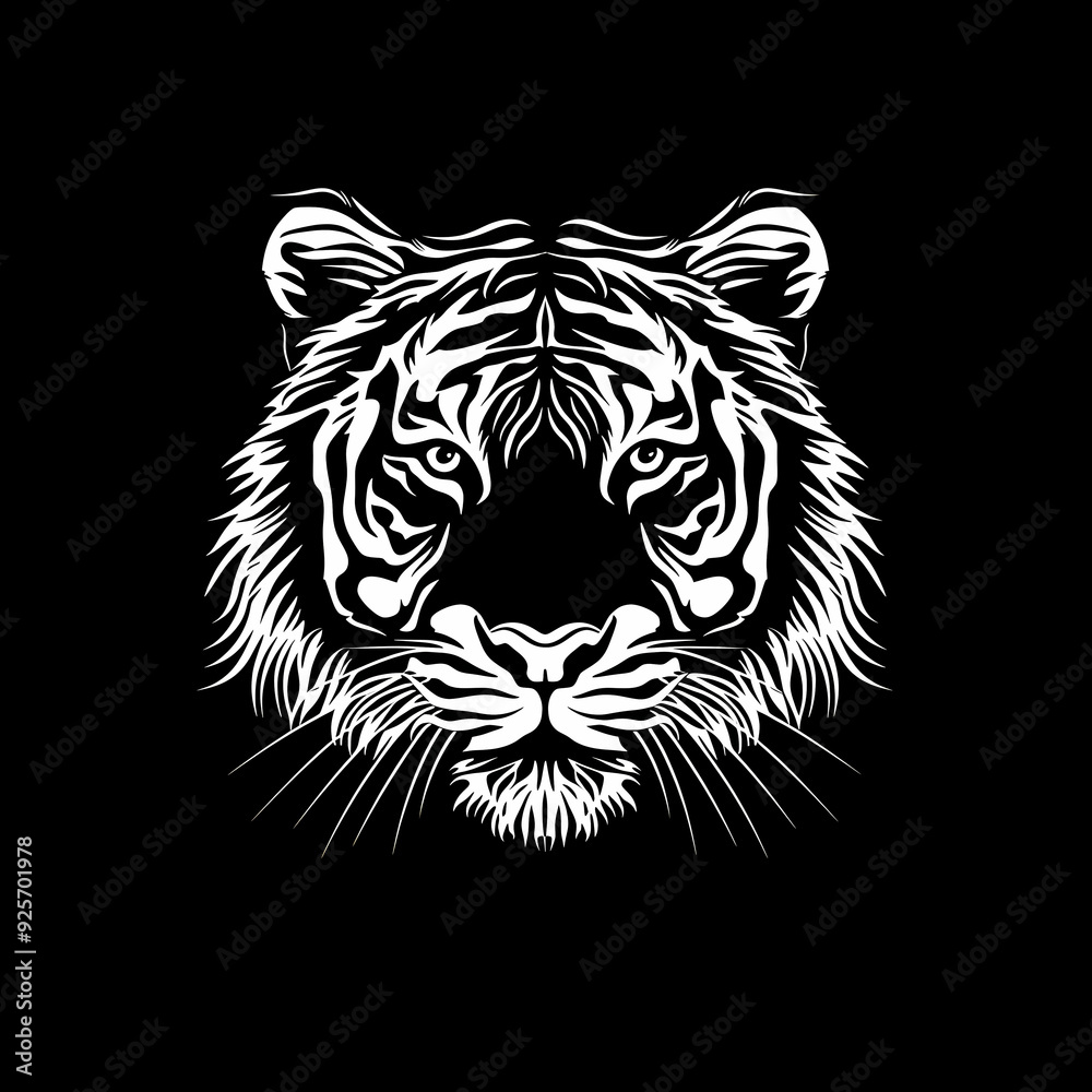 white logo outline of a cool Bengal tiger on a black background white logo outline of a cool Bengal tiger on a black background