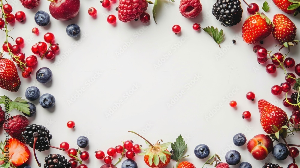 Many different berries in the form of a frame on a white background