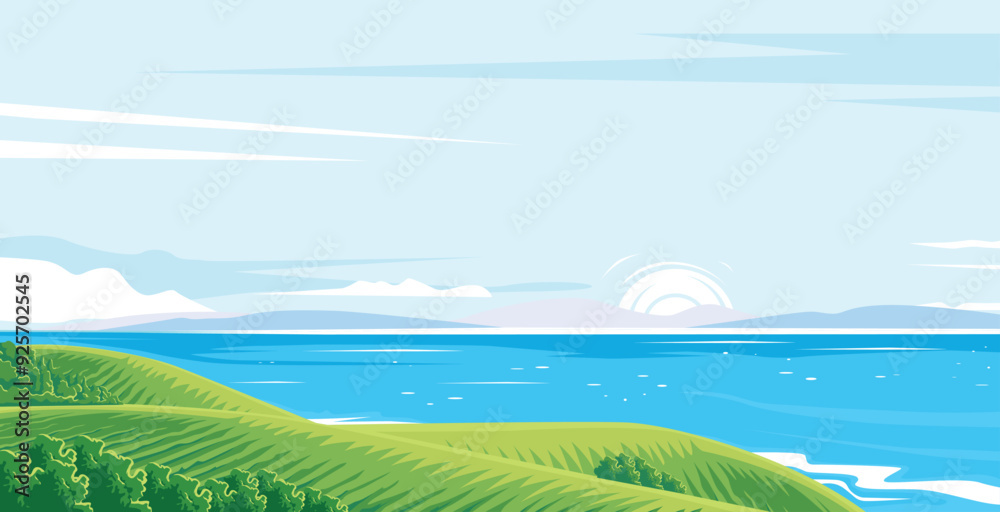 illustration of beach view from farm hill illustration of beach view from farm hill