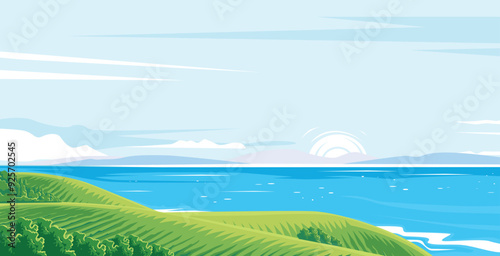 illustration of beach view from farm hill