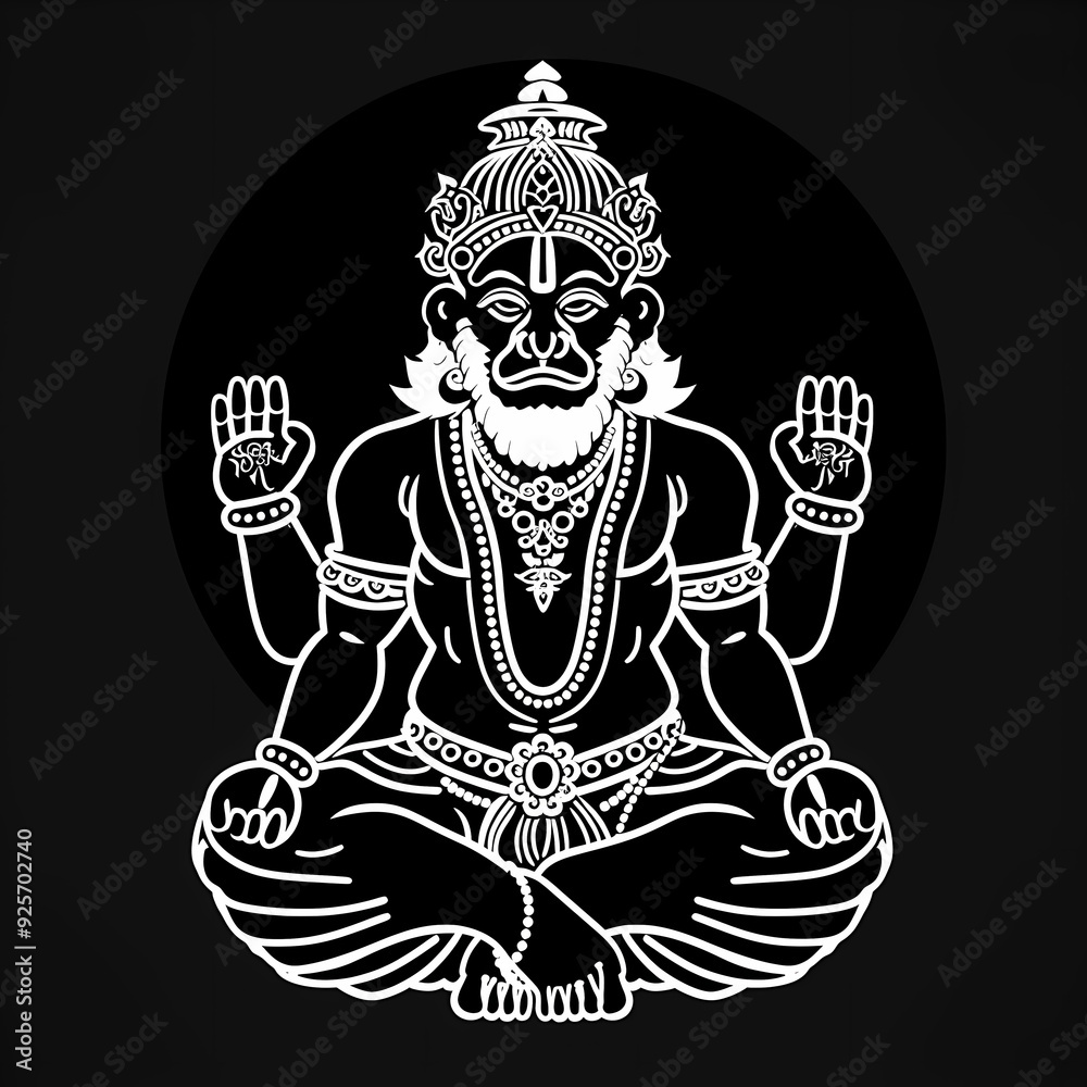 A white logo outline of a cool Hanuman on a black background
