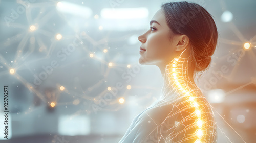 A woman with a glowing spine superimposed on her body is in a hospital.