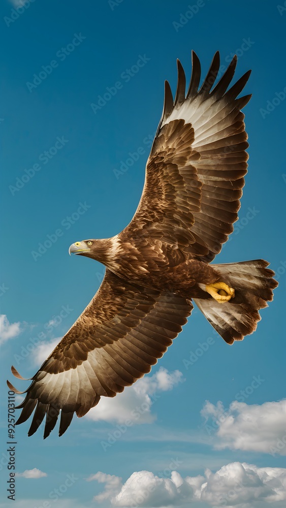 Fototapeta premium Golden Eagle Flying With Blue Sky Background, Realistic Photo, Pattern Background, Wallpaper, Cover and Screen for Smartphone, Cell Phone, Computer, Laptop