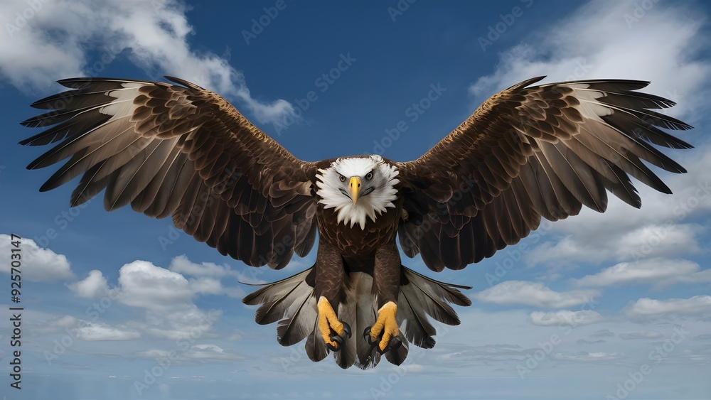 Fototapeta premium Golden Eagle Flying With Blue Sky Background, Realistic Photo, Pattern Background, Wallpaper, Cover and Screen for Smartphone, Cell Phone, Computer, Laptop