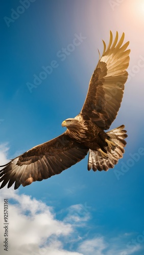Golden Eagle Flying With Blue Sky Background, Realistic Photo, Pattern Background, Wallpaper, Cover and Screen for Smartphone, Cell Phone, Computer, Laptop