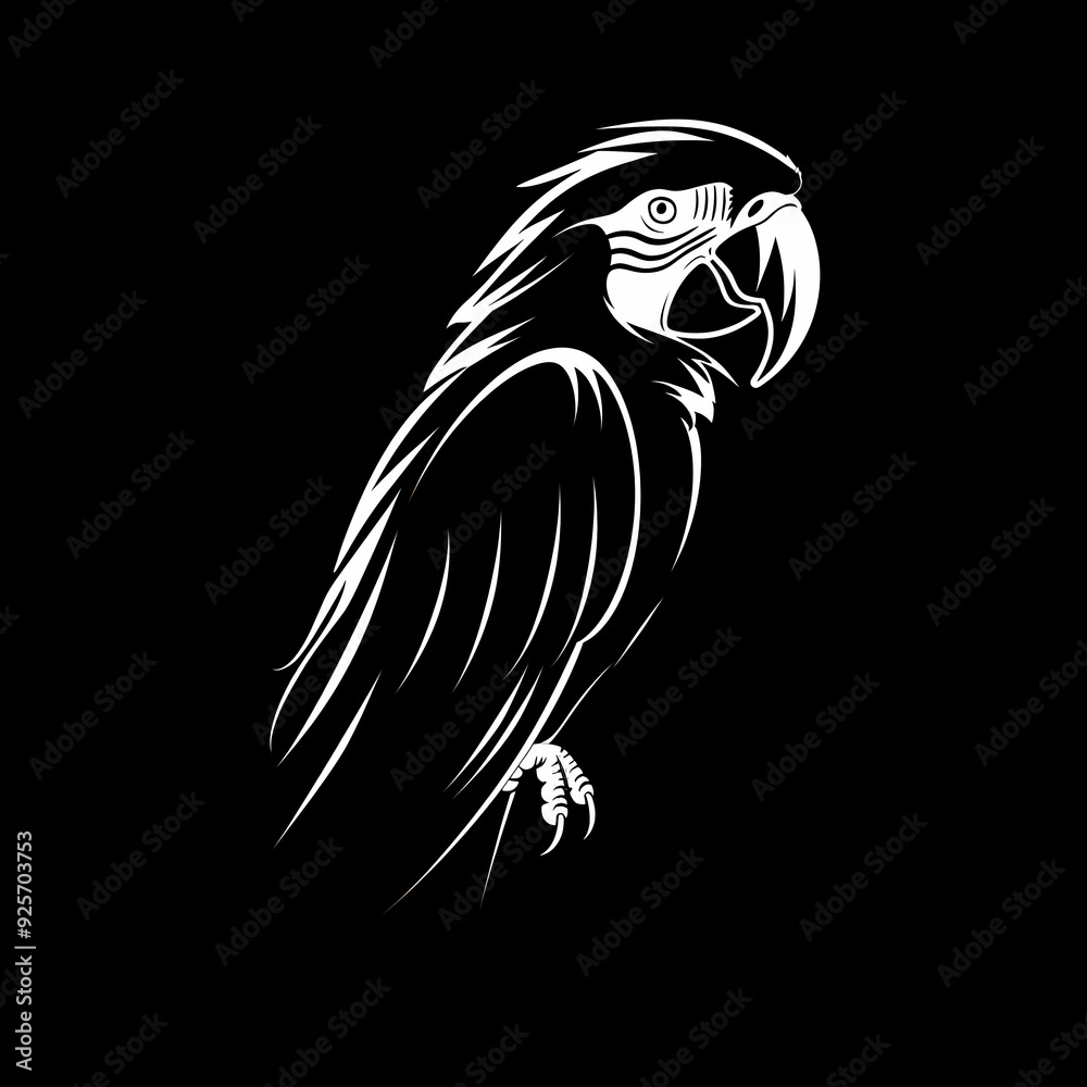 A white logo outline of a cool Scarlet macaw on a black background A white logo outline of a cool Scarlet macaw on a black background