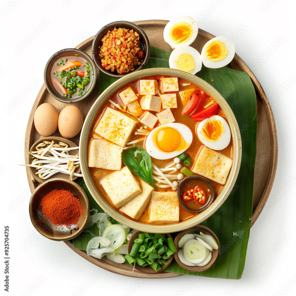 a bowl of soup with eggs tofu and other ingredients a bowl of soup with eggs tofu and other ingredients