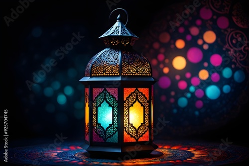 A colorful lantern with a blue and green light shining through it