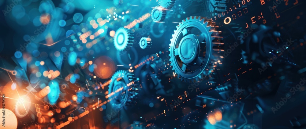Fototapeta premium Abstract Technological Composition with Gears and Lights in Blue and Orange Tones for Business Innovation and Technology Advancement