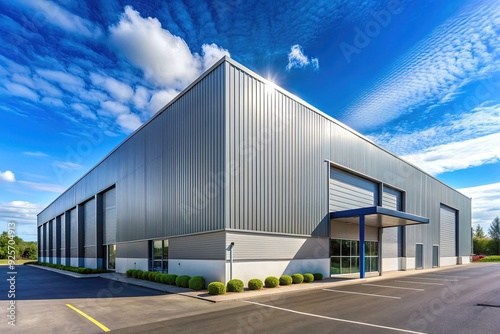 Modern industrial exterior with a large silver commercial metal building featuring a sloping roof, sleek design, and surrounding parking lot with a blue sky background.