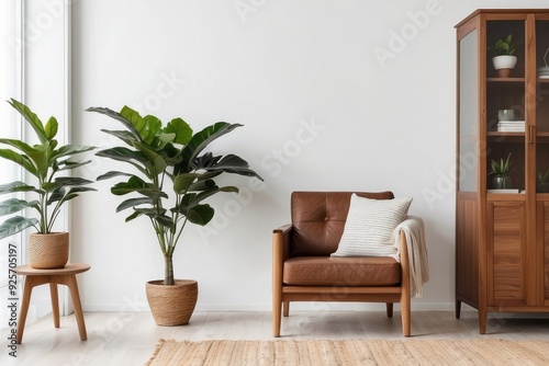 Minimalist Living Room with Leather Chair, Plants, and Wooden Cabinet photo