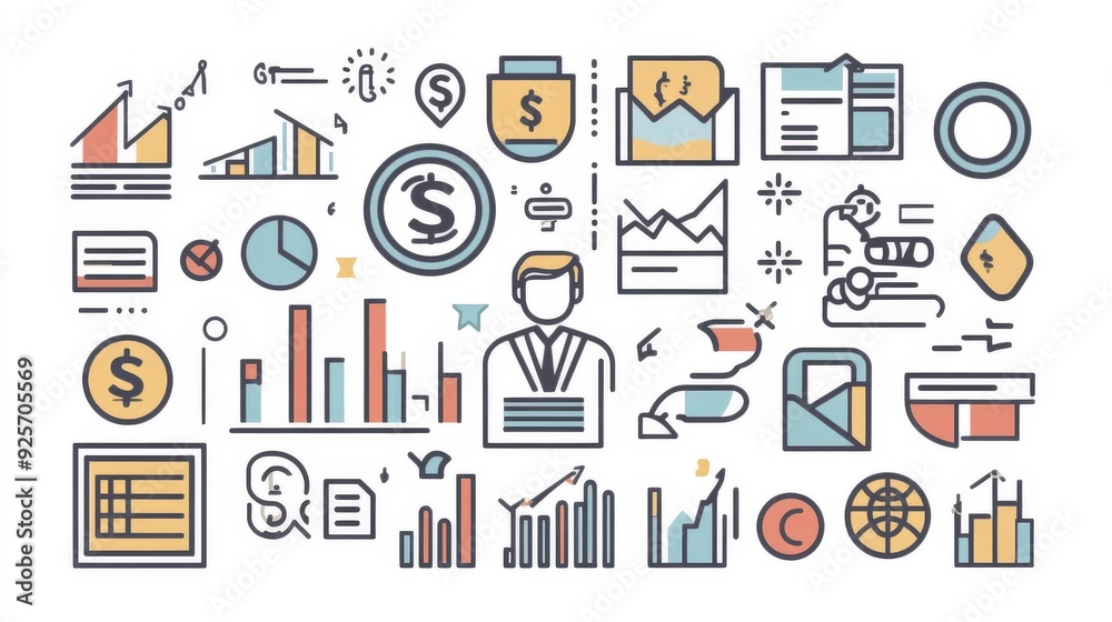 Set of business icons with a businessman figure, including currency, growth, and innovation symbols, arranged in a grid format.