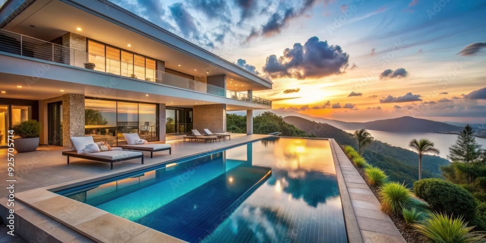 Fototapeta premium Luxurious villa escape with infinity pool overlooking panoramic landscapes and lavish interiors