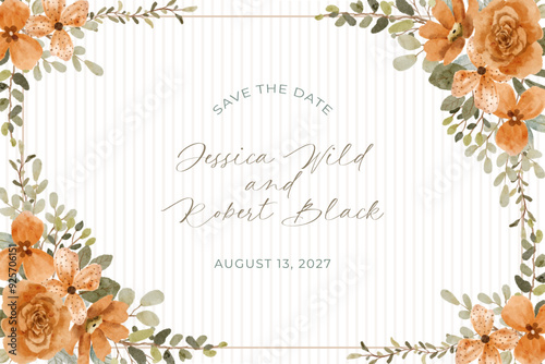 save the date with orange floral watercolor frame