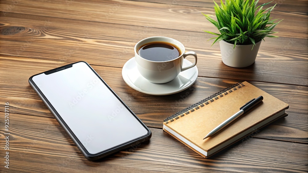 Modern sleek smartphone with blank screen on wooden desk surrounded by coffee cup, notebook, and stylish office decor, perfect for showcasing app or website design. Modern sleek smartphone with blank screen on wooden desk surrounded by coffee cup, notebook, and stylish office decor, perfect for showcasing app or website design.