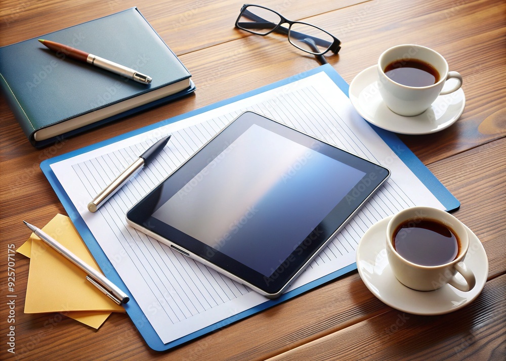 Modern sleek tablet device lies on a cluttered office desk amidst papers, pens, and coffee cups, symbolizing productivity and technology in a busy work environment. Modern sleek tablet device lies on a cluttered office desk amidst papers, pens, and coffee cups, symbolizing productivity and technology in a busy work environment.