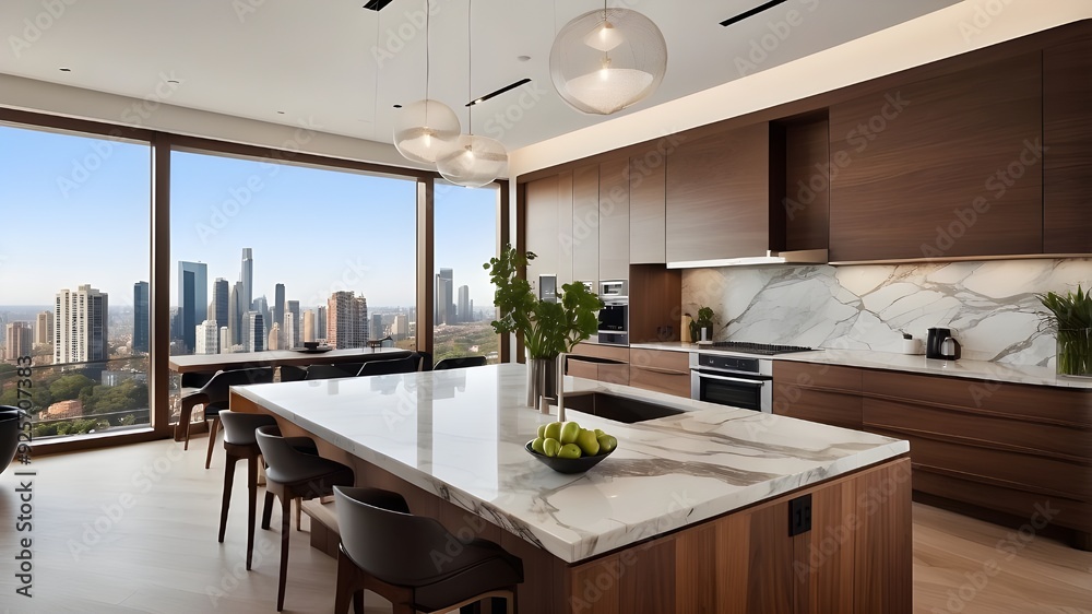 The The idea of luxurious living is embodied in this contemporary kitchen's hardwood cabinetry, marble countertops, and backdrop view of the city. The The idea of luxurious living is embodied in this contemporary kitchen's hardwood cabinetry, marble countertops, and backdrop view of the city.