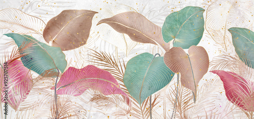 Abstract luxury art background with hand drawn tropical leaves in line style. Botanical vector banner for cover design, postcard, invitation, wallpaper, interior, packaging, textile.