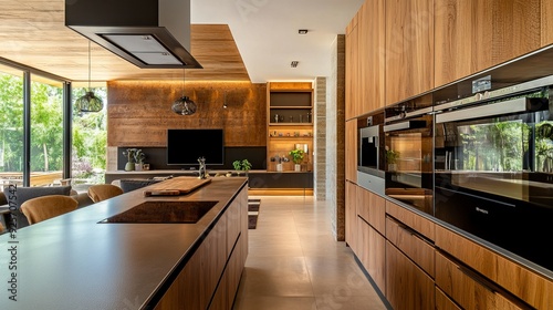 Modern kitchen with built-in oven and wooden furniture