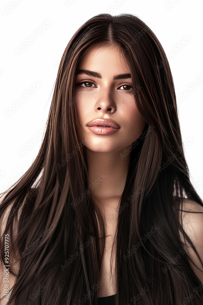 A beautiful woman with long, dark brown straight hair, sleek hairstyle, flowing hair, smooth and glossy hair texture, against a white transparent background A beautiful woman with long, dark brown straight hair, sleek hairstyle, flowing hair, smooth and glossy hair texture, against a white transparent background