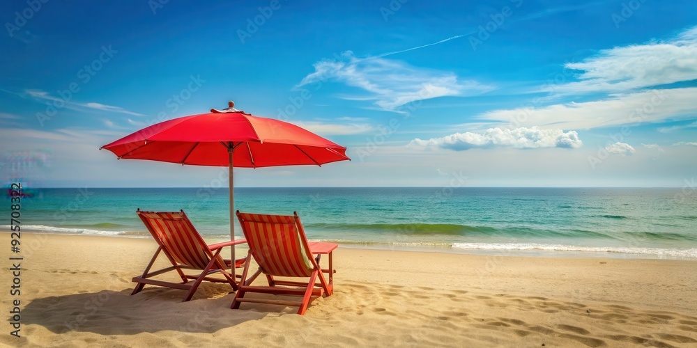 Red umbrella and two beach chairs on sandy beach , vacation, travel, relaxation, sunny, summer, tropical, seaside, ocean Red umbrella and two beach chairs on sandy beach , vacation, travel, relaxation, sunny, summer, tropical, seaside, ocean