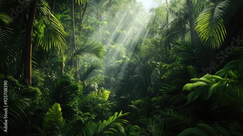 A dense rainforest scene with towering trees and thick foliage, providing a lush and verdant background with space for copy. photo