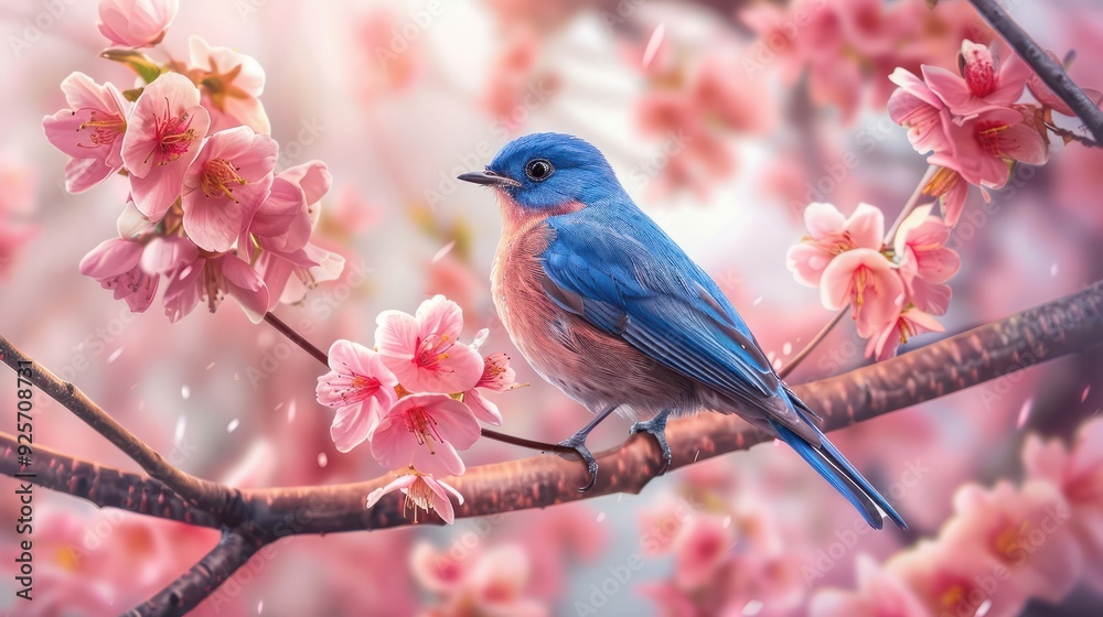 Blue bird on sakura branch with pink flowers in spring time Blue bird on sakura branch with pink flowers in spring time