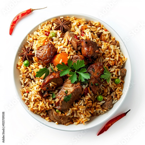 a bowl of rice with meat and vegetables