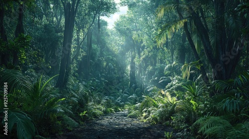 A lush rainforest scene with thick foliage and towering trees, providing a vibrant natural backdrop with plenty of copy space