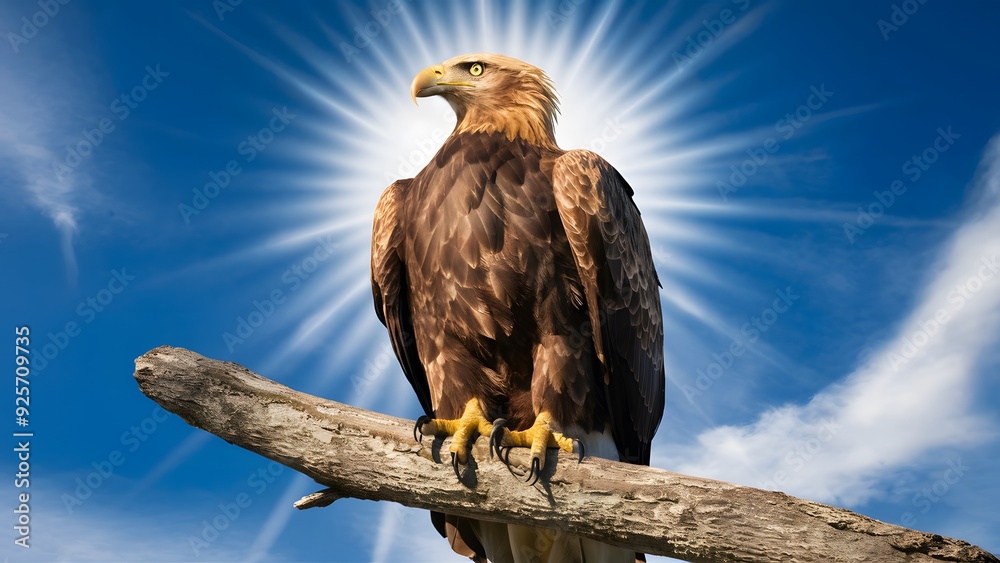 Golden Eagle Perched on a Branch on a Blue Background, Realistic Photo, Pattern Background, Wallpaper, Cover and Screen for Smartphone, Cell Phone, Computer, Laptop