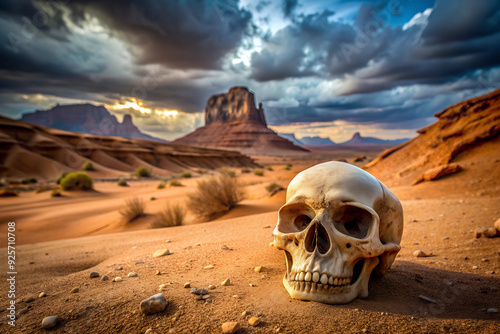 Human skull in valley of death desert gloomy weather. photo