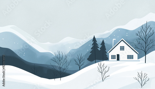 a minimalist, flat-style illustration of an isolated cottage in the snowy mountains, surrounded by trees and hills