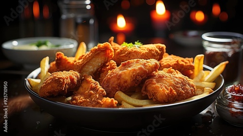 Buffalo wings with melted hot sauce on a wooden table with a blurred background