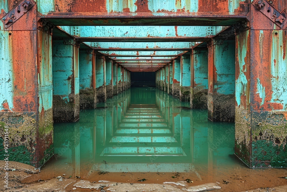Rusty and Weathered Steel Bridge Structure Reflecting in Teal Water