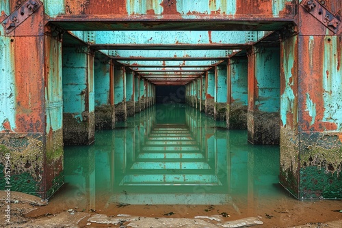 Rusty and Weathered Steel Bridge Structure Reflecting in Teal Water