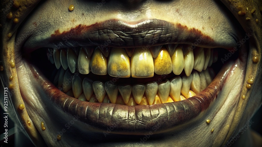 Ominous close-up of a spooky mouth with yellowed teeth, pale lips, and eerie shadows, evoking a haunting and unsettling atmosphere. Ominous close-up of a spooky mouth with yellowed teeth, pale lips, and eerie shadows, evoking a haunting and unsettling atmosphere.