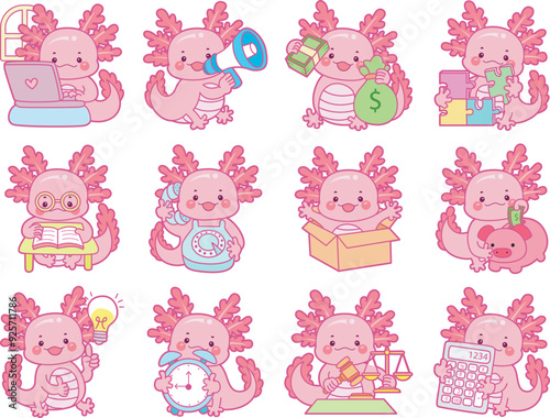 Illustration of cute axolotl activities icon.
Funny pink axolotl in daily routine stickers.
