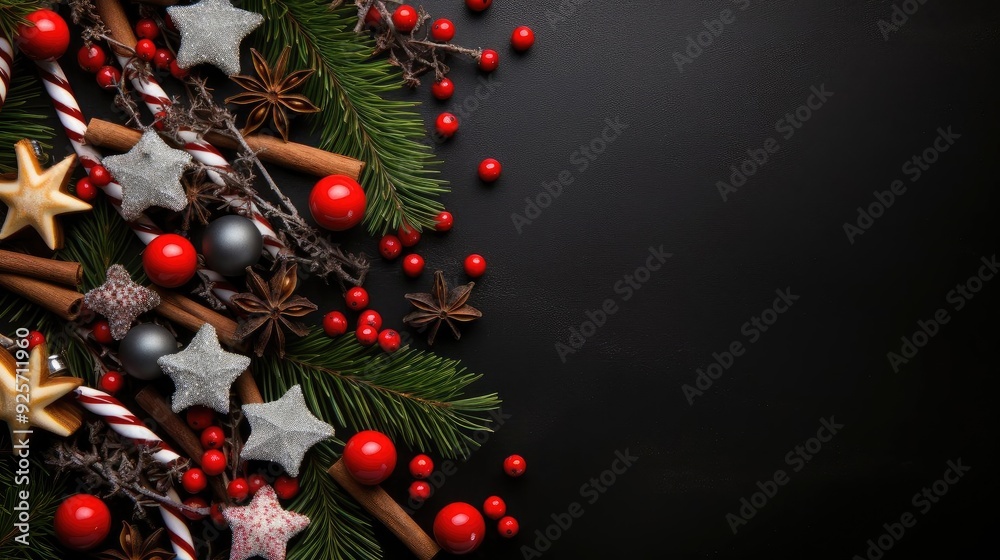 happy Christmas background with the concept of plants and Christmas ornaments on a black background happy Christmas background with the concept of plants and Christmas ornaments on a black background