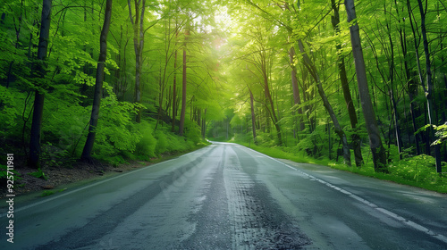 a beautiful asphalt road passing through green forest, wallpaper, background 