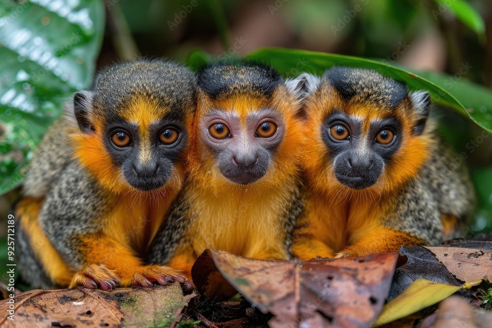 Obraz premium Three Golden-Headed Lion Tamarins Huddled Together in a Forest Setting