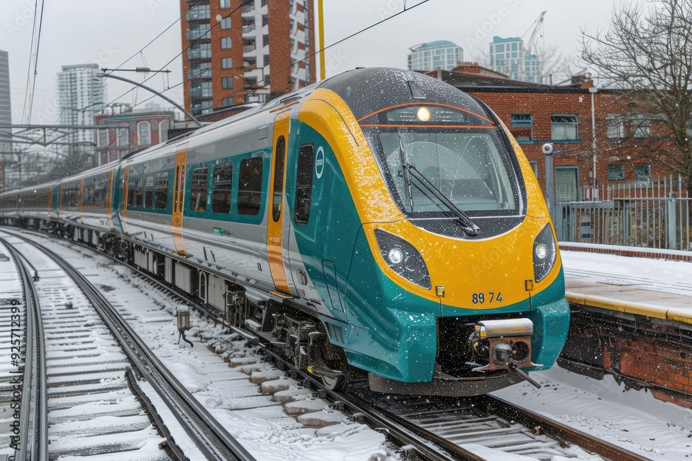 Naklejka premium Modern Train on Snow-Covered Tracks in a City