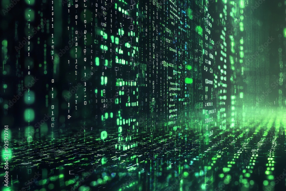 Green Dark Binary Code with Data Streaming Background created with Generative AI Green Dark Binary Code with Data Streaming Background created with Generative AI